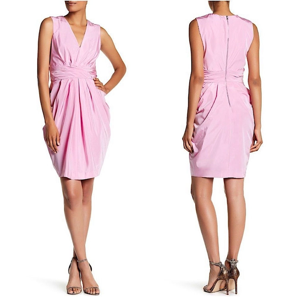 Vera Wang Rose Pink Sleeveless V-Neck Ruched Midi Wedding Guest Dress Size 8 NWT